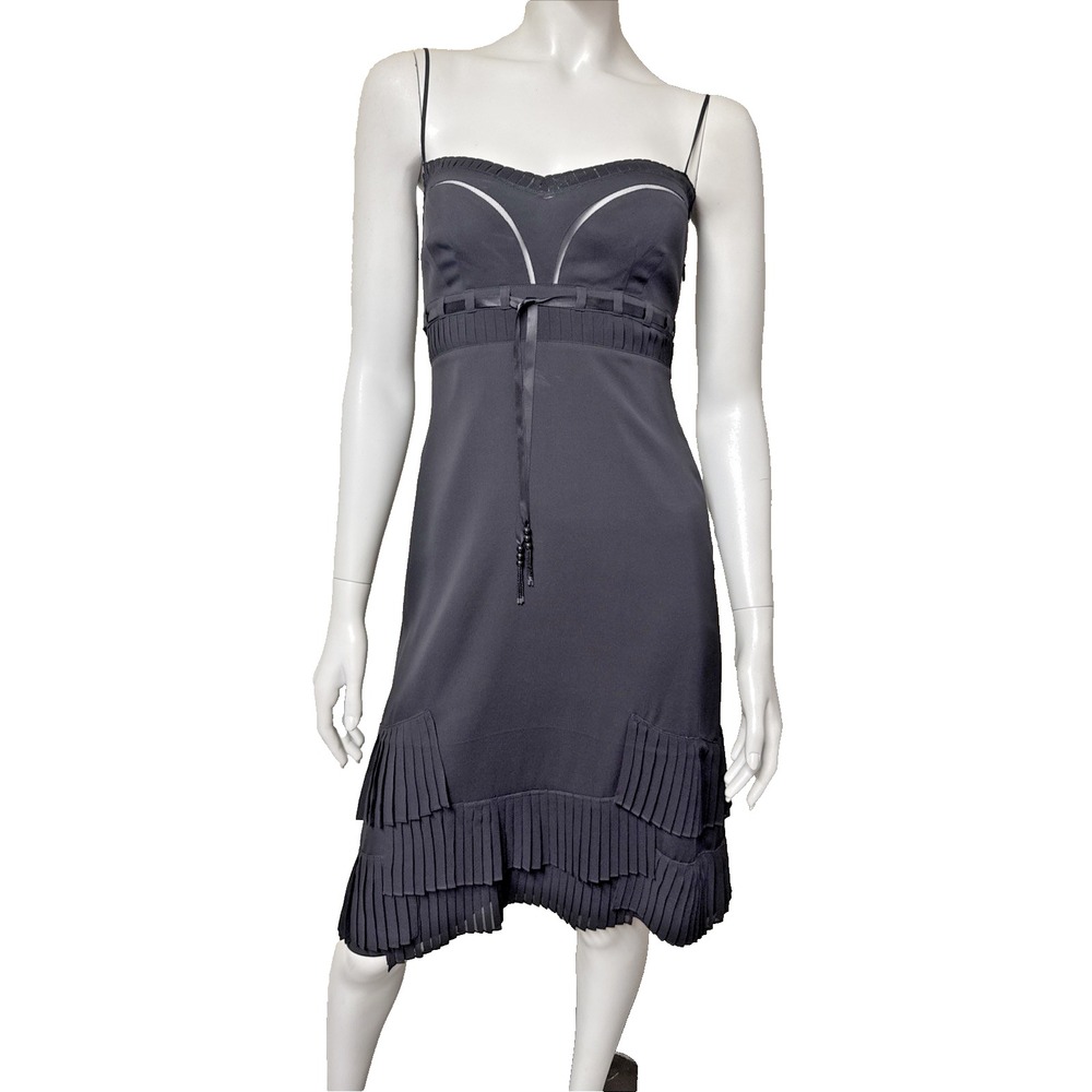 Little Black Dress Cocktail SZ 4 Sweetheart Illusion Bust Mesh Beaded Silk Pleat